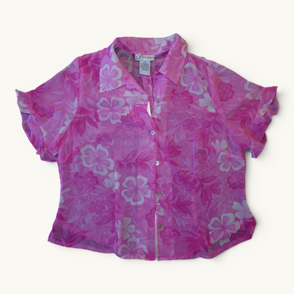 Dressbarn Pink Floral Sheer Button Up Blouse Y2K Hawaiian Style Top